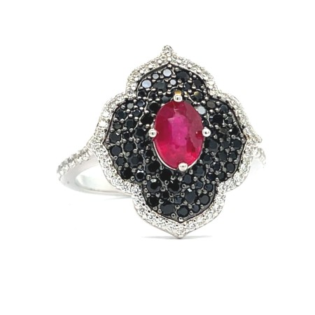 naturalny rubin pierścionek, czarny spinel biżuteria, pierścionek z kamieniami szlachetnymi, owalny rubin w srebrze, biżuteria premium srebro