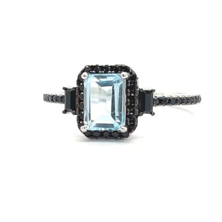 Elegancki pierścionek, prostokątny kształt, kamienie naturalne: Blue Topaz, czarny spinel, srebro rodowane 925