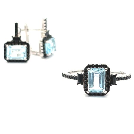 pierścionek z naturalnym topazem, Blue Topaz biżuteria, czarny spinel srebro, srebro 925 pierścionek, biżuteria z niebieskim kamieniem szlachetnym