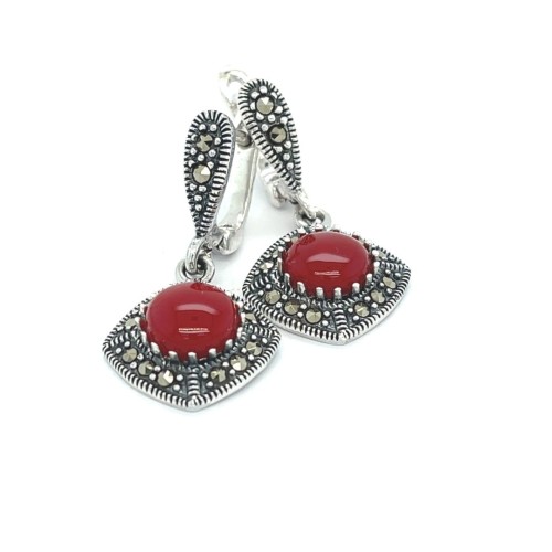 Przejdź do produktu Srebrne Kolczyki Wiszące 925 Czerwony Agat Markazyty Angielskie