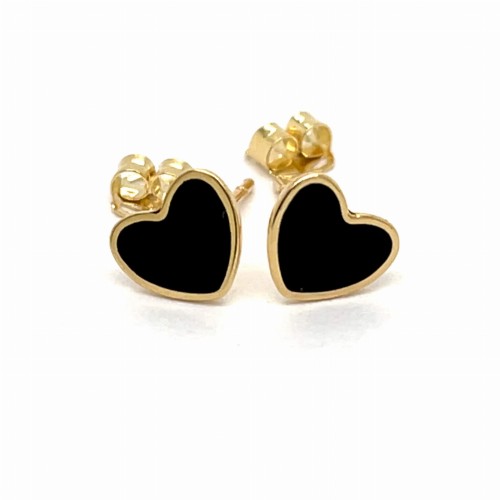 Przejdź do produktu Złote Kolczyki 585 Małe Czarne Serduszka Sztyfty Z Emalią