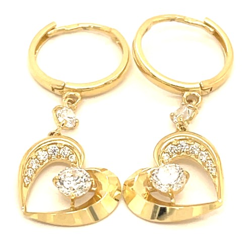 Przejdź do produktu Złote Kolczyki Wiszące 585 Serca Z Cyrkoniami Na Kółkach