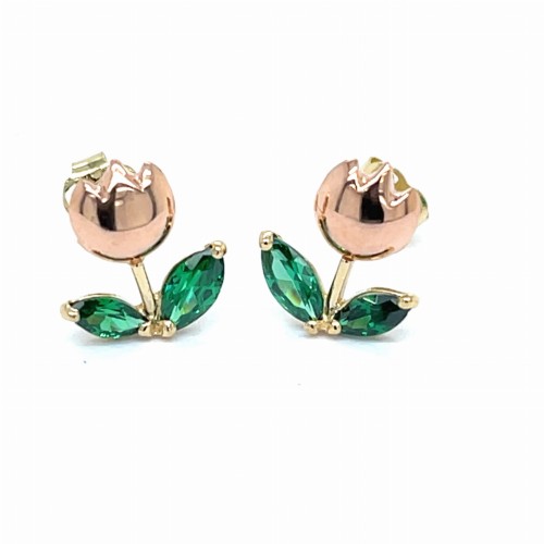 Przejdź do produktu Złote Kolczyki Tulipany 585 Różowe Złoto I Zielone Cyrkonie