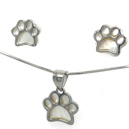Zestaw Komplet Set "Psich Kocich łapek" w srebrze z masą perłową, minimalistyczny, uroczy