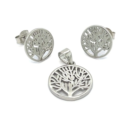 Przejdź do produktu Rodowany Komplet Biżuterii Ażurowe Drzewka Kolczyki Sztyfty Zawieszka Srebro 925