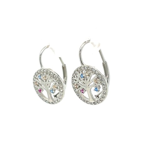 Kolczyki srebrne na biglu drzewka, kolorowe kamienie pr.925