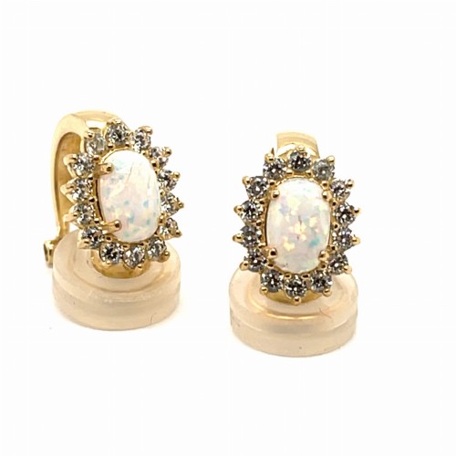 Przejdź do produktu Złote Klipsy 14K z Naturalnym Opalem i Cyrkoniami Halo, Elegancki Owal