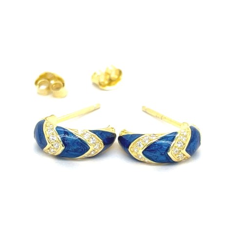 Przejdź do produktu Złocone Kolczyki Półkola Z Niebieską Emalią I Cyrkoniami 925