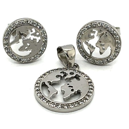 srebrny komplet biżuterii kontynenty ziemi, biżuteria z motywem mapy świata, zestaw kolczyki i zawieszka mapa, biżuteria globus z cyrkoniami, biżuteria podróżnicza.