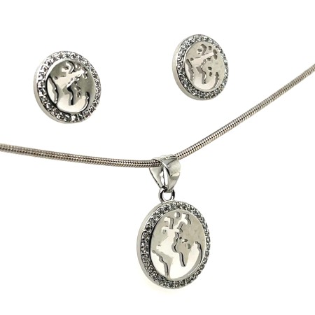 delikatny komplet biżuterii z konturami kontynentów, minimalistyczne kolczyki mapa, srebrna zawieszka mapa z cyrkoniami, biżuteria nieuczulająca srebro 925, antyalergiczny komplet srebrny