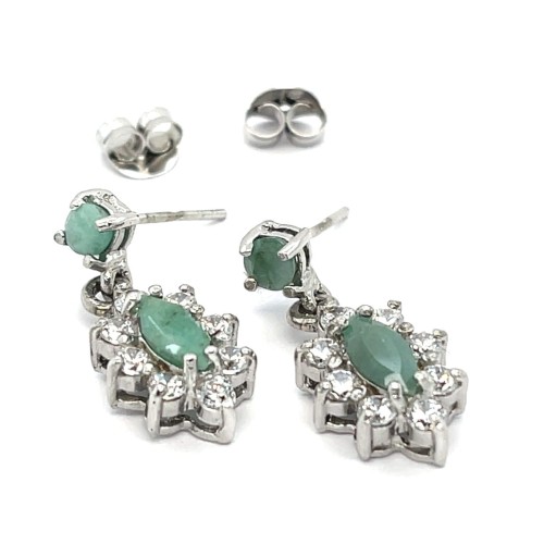Przejdź do produktu Srebrne Kolczyki Sztyfty Wiszące Szmaragd Markiza Cyrkonie Rodowane