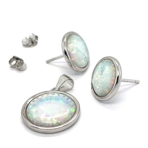 Przejdź do produktu Srebrny Komplet Z Naturalnym Białym Opalem Okrągły Rodowany 925