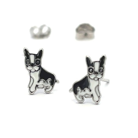kolczyki dla dzieci sztyfty, biżuteria dziecięca z emalią, kolczyki pieski, biżuteria dla dziewczynki,  kolczyki Boston Terrier emaliowane, biżuteria motyw zwierzęta, kolczyki z kolorową emalią, emalia biała czarna,  kolczyki z motywem psa