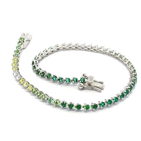 bransoletka do sukienki wieczorowej zielona, srebrna biżuteria ślubna glamour, bransoletka z cyrkoniami kaskada zieleni, biżuteria rodowana połysk, elegancki prezent na rocznicę bransoletka, biżuteria damska tenisowa rodowana