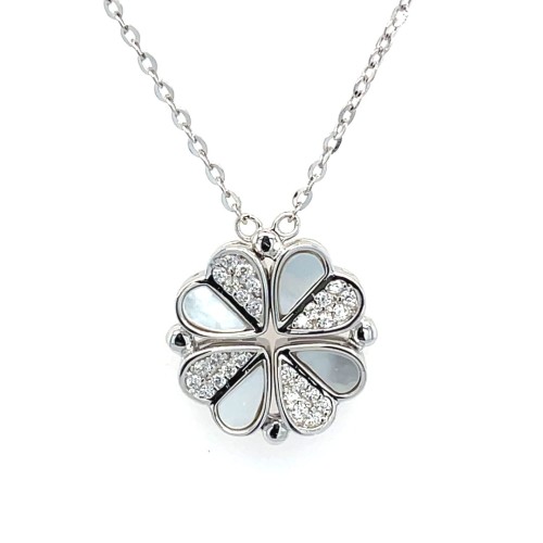 Przejdź do produktu Naszyjnik Srebrny Rodowany Dwumodułowa Koniczynka Masa Perłowa Cyrkonie Próba 925