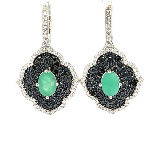 Przejdź do produktu Srebrne Kolczyki Orientalne Ze Szmaragdem I Czarnym Spinelem