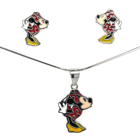 zestaw biżuterii srebrnej dla dzieci minnie, komplet srebro 925 emalia dla dziewczynki, kolczyki zawieszka minnie srebro, biżuteria z motywem minnie zestaw, srebro 925 bezpieczny zestaw dla dzieci
