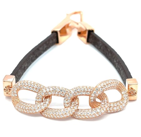 bransoletka w kolorze  różowego złota i skóry, biżuteria rose gold skórzana, złocona bransoletka z cyrkoniami, czarna skóra srebro 925