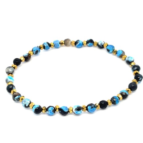 Przejdź do produktu Błękitno-Czarna Bransoletka z Agatów i Złotych Hematytów 17 cm