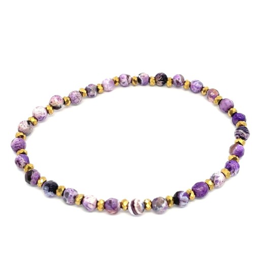 Przejdź do produktu Fioletowa Bransoletka z Agatów i Złotych Hematytów - Odcienie Fioletu 17 cm