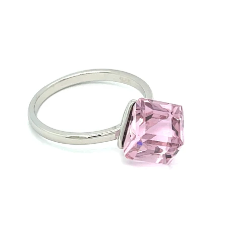 pierścionek z kryształem swarovskiego, srebrny pierścionek różowa kostka, biżuteria swarovski 12x12mm, pierścionek z różowym kryształem, srebro rodowane 925 pierścionek, różowa kostka swarovski srebro