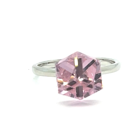 pierścionek swarovski 12mm kostka, biżuteria z różowym oczkiem 925, nowoczesny pierścionek rodowany, pierścionek z dużym różowym kamieniem, biżuteria swarovski oryginał, srebrna biżuteria z kostką