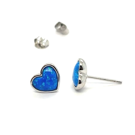 kolczyki sztyfty z niebieskim kamieniem, biżuteria serca z opalem, srebrne kolczyki 8x10mm, kolczyki wkrętki z opalem, delikatna biżuteria do uszu, biżuteria srebrna pozłacana