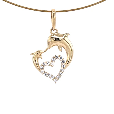 Minimalistyczna zawieszka złota - Delfiny i serca - zdobienia z białych cyrkonii, elegancka biżuteria ze złota 14K