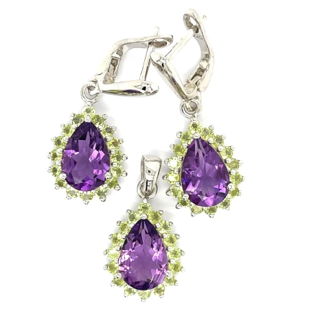 Komplet srebrny rodowany pr. 925 z ametystem i peridotem