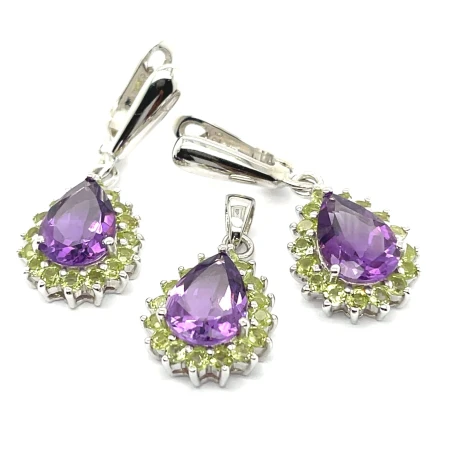 Komplet srebrny rodowany pr. 925 z ametystem i peridotem