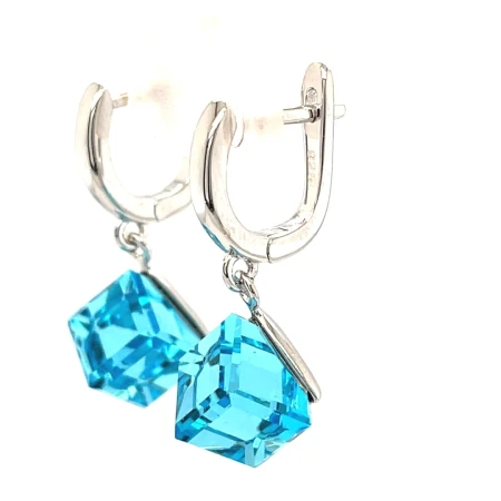 kolczyki z morskim krysztalem, bizuteria rodowana swarovski, geometryczne kolczyki wiszace, kolczyki srebrne pr 925, luksusowe zapiecia angielskie