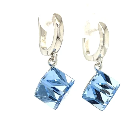 kolczyki z jasnoniebieskim krysztalem, bizuteria rodowana swarovski, geometryczne kolczyki wiszace, kolczyki srebrne pr 925, luksusowe zapiecia angielskie