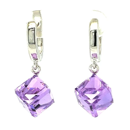 kolczyki wiszace swarovski, srebrne kolczyki na biglu, kolczyki kostka swarovskiego, lilowe kolczyki wiszace, nowoczesna bizuteria srebro 925