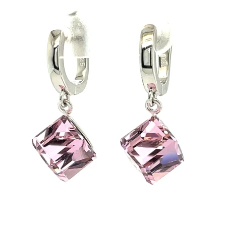kolczyki wiszace swarovski, srebrne kolczyki na biglu, kolczyki kostka swarovskiego, rozowe kolczyki wiszace, nowoczesna bizuteria srebro 925