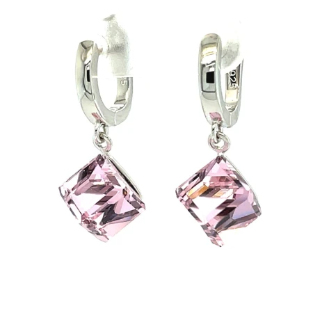 kolczyki z rozowym krysztalem, bizuteria rodowana swarovski, geometryczne kolczyki wiszace, kolczyki srebrne pr 925, luksusowe sztyfty i bigle