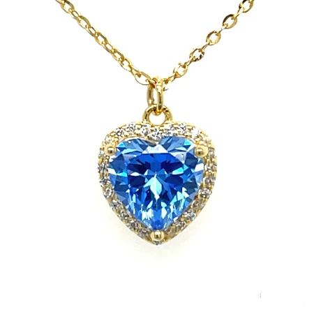 pozłacany naszyjnik niebieskie serce, naszyjnik z cyrkonią blue topaz, srebro złocone 925 naszyjnik, delikatny naszyjnik z sercem, naszyjnik z regulacją długości, biżuteria premium z topazem