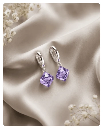 modne kolczyki z krysztalami, kolczyki rodowane kostki, fioletowe kolczyki swarovski, eleganckie kolczyki na biglu, kolczyki premium shoper