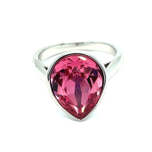 Przejdź do produktu Srebrny Rodowany Pierścionek 925 z Różowym Kryształem Swarovski® w Kształcie Kropli – Różany Blask