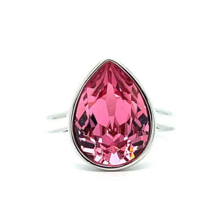 Srebrny pierścionek 925 z dużym różowym kryształem w kształcie serca, fasetowany kamień 10 × 14 mm, elegancka oprawa