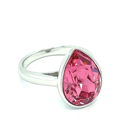 Srebrny pierścionek 925 z dużym różowym kryształem w kształcie serca, fasetowany kamień 10 × 14 mm, elegancka oprawa