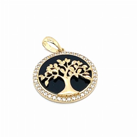 zawieszka złota z emalią i cyrkoniami, biżuteria z motywem drzewa złoto, złoty wisiorek z czarnym tłem, elegancki prezent dla niej złoto 585, zawieszka okrągła złota z kamieniami, biżuteria premium 585