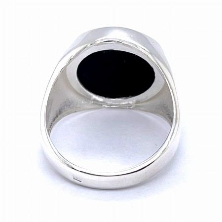 Srebrny , elegancki sygnet ze srebra rodowanego z czarnym okrągłym oczkiem, sygnet rodowany czarny 18x18 mm, sygnet męski gładki bez kamienia, nowoczesny sygnet srebrny