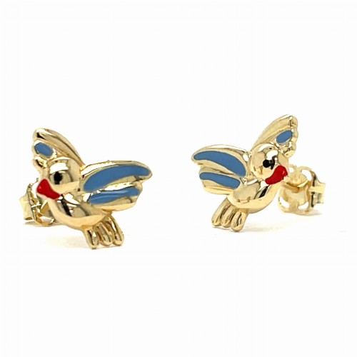 Przejdź do produktu Złote Kolczyki Dla Dzieci 585 Kolorowe Ptaszki Emalia Na Sztyfcie
