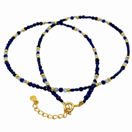 Naszyjnik ze złoconego srebra z kamieniami naturalnymi: lapis lazuli i kwarc, elegancka biżuteria srebrna 925