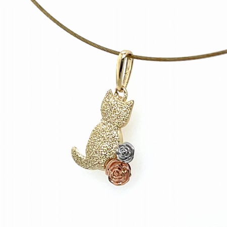 Elegancka przywieszka - kotek z różami, złoto 14k