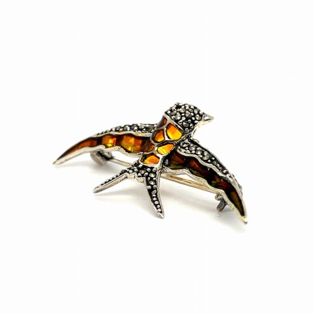broszka z żółtą emalią srebro, biżuteria z pomarańczową emalią, srebrny ptak z markazytami, broszka jaskółka 18x37 mm, elegancki prezent dla mamy broszka, biżuteria retro sklep