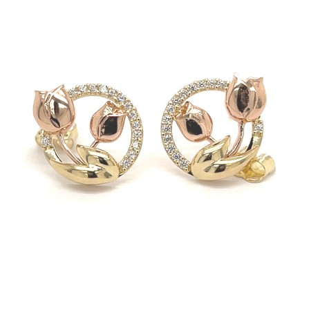 kolczyki tulipany złote, biżuteria kwiaty, dwukolorowe złoto, różowe i żółte złoto, kolczyki z cyrkoniami.