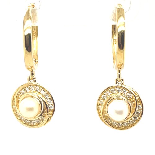Przejdź do produktu Złote Kolczyki Wiszące 585 Perła Naturalna Cyrkonie Wir Zatrzask
