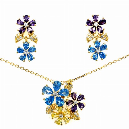 Elegancki zestaw biżuterii - kolczyki i naszyjnik w srebrze złoconym z cyrkoniami w kolorach.