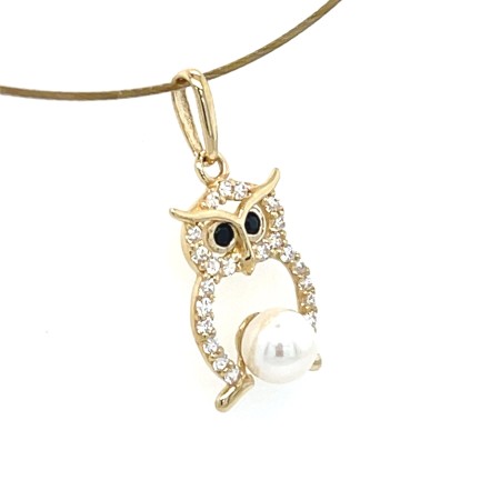 Ażurowa sowa z naturalną perłą na prezent. Złoto 14k, zawieszka sowa z białymi cyrkoniami, złota biżuteria 8x18 mm, wisiorek z naturalną perłą białą, modne zawieszki złote 2026